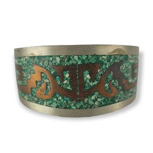 Vintage Alpaca Taxco Mexico Copper Brass Crushed Turquoise Mayan Cuff Bracelet